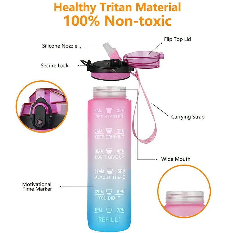 1000ml Gradient Color Water Bottles with Locking Cap Leak