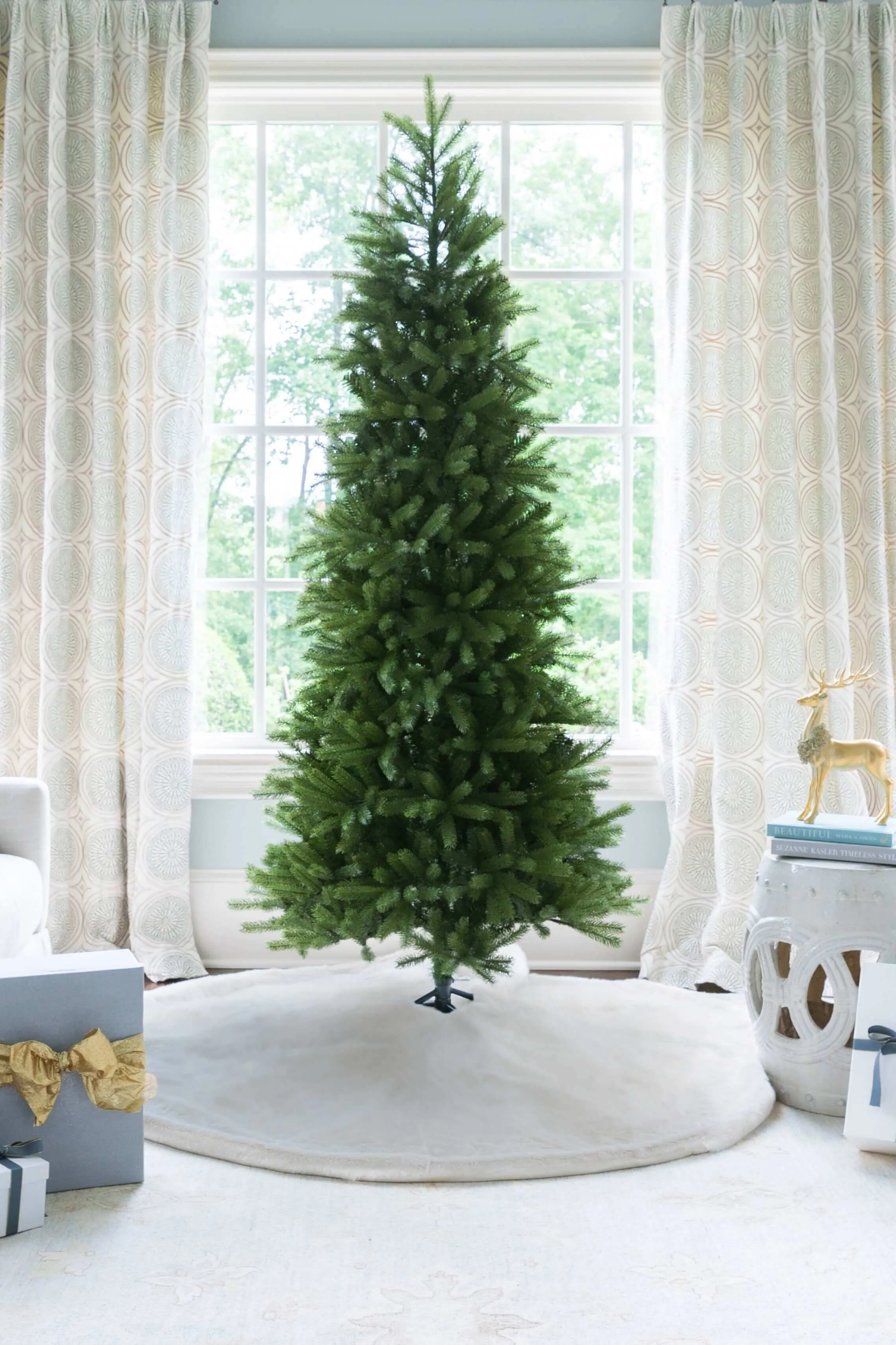 7.5' King Fraser Fir Slim Artificial Christmas Tree with 750 Dual Color Warm White & Multi-Color LED Lights