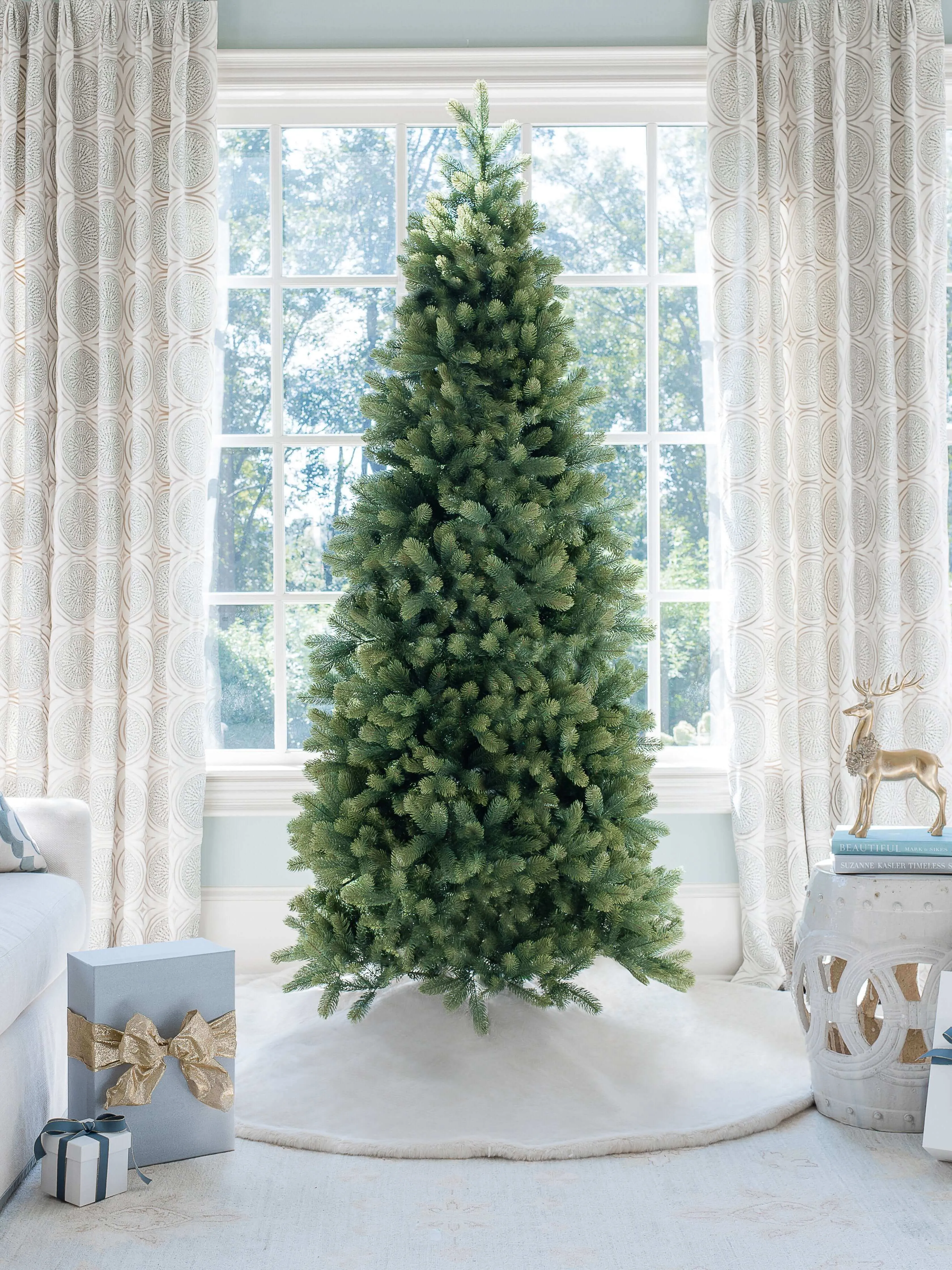 7.5' Royal Fir Slim Artificial Christmas Tree with 650 Warm White & Multi-Color LED Lights