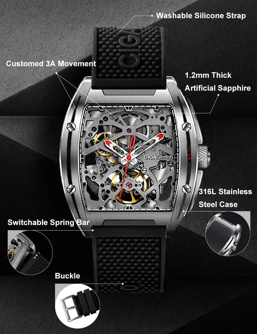 Automatic Mechanical Watches for Men Analog Casual Waterproof Stainless Steel Watch for Men (Adjustable Silicone Strap), Silver, 1, casual