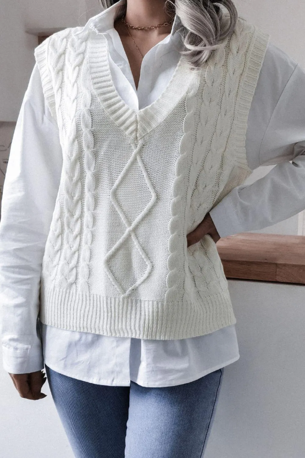 Cable-Knit Ribbed V-Neck Sweater Vest