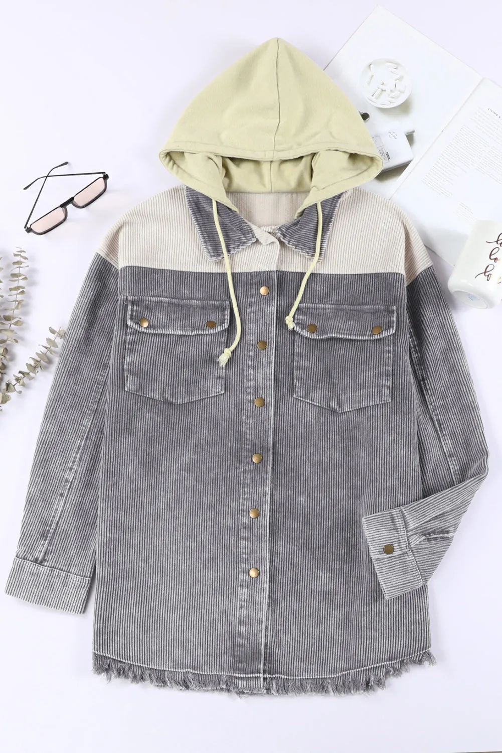 Corduroy Shacket Jacket Button Down Hooded Coat with Pockets