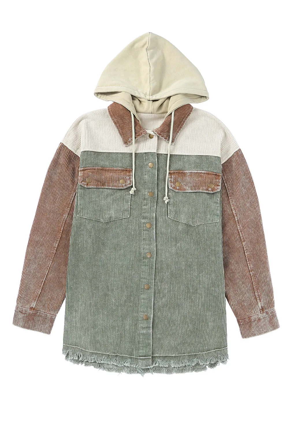 Corduroy Shacket Jacket Button Down Hooded Coat with Pockets