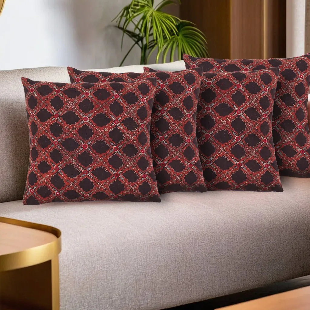 Cotton Cushion Covers Embroidered And Block Printed In Black And Red Set Of 1/2/4 | 16 x 16 | Handmade In India