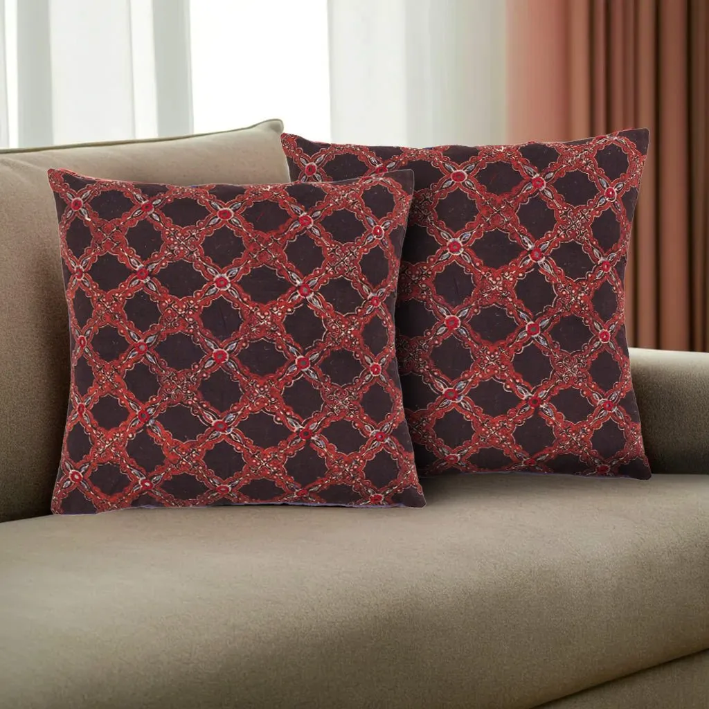 Cotton Cushion Covers Embroidered And Block Printed In Black And Red Set Of 1/2/4 | 16 x 16 | Handmade In India