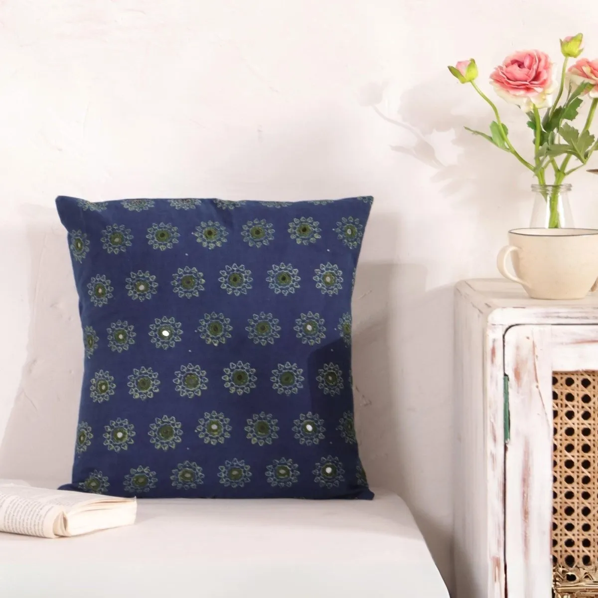 Cotton Cushion Covers Embroidered and Block Printed In Blue & Green Set Of 1/2/4 | 16 x 16 | Handmade In India