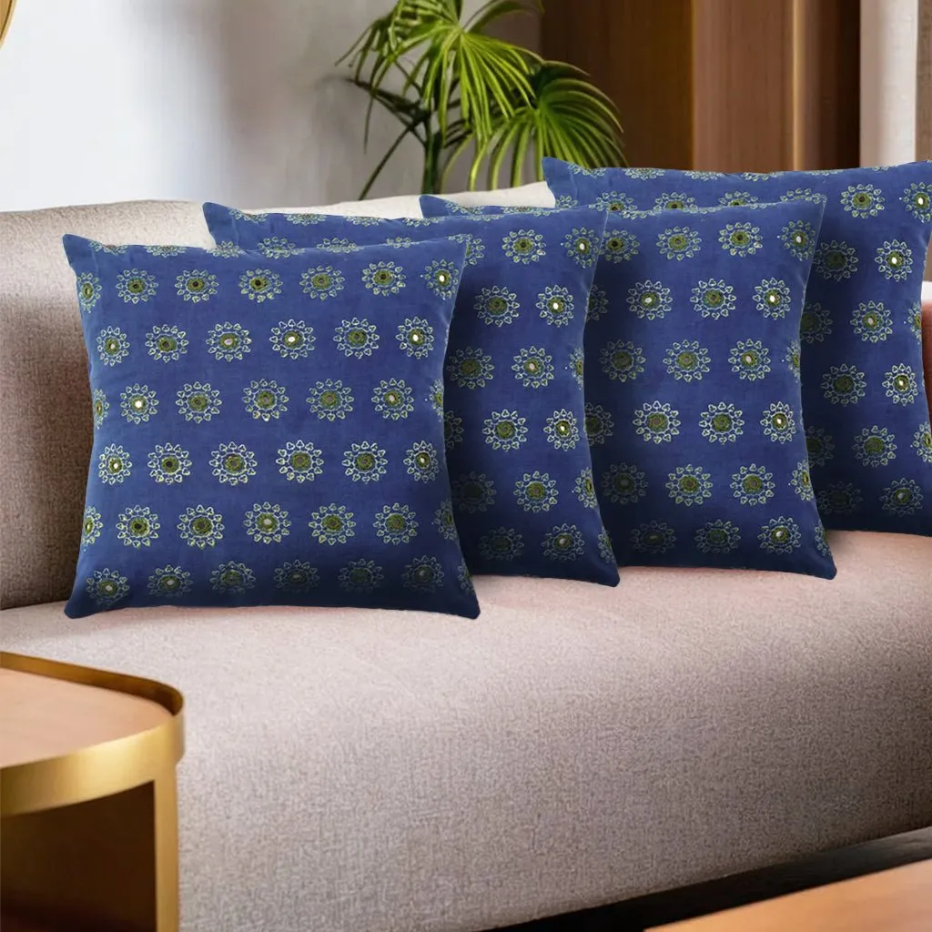 Cotton Cushion Covers Embroidered and Block Printed In Blue & Green Set Of 1/2/4 | 16 x 16 | Handmade In India