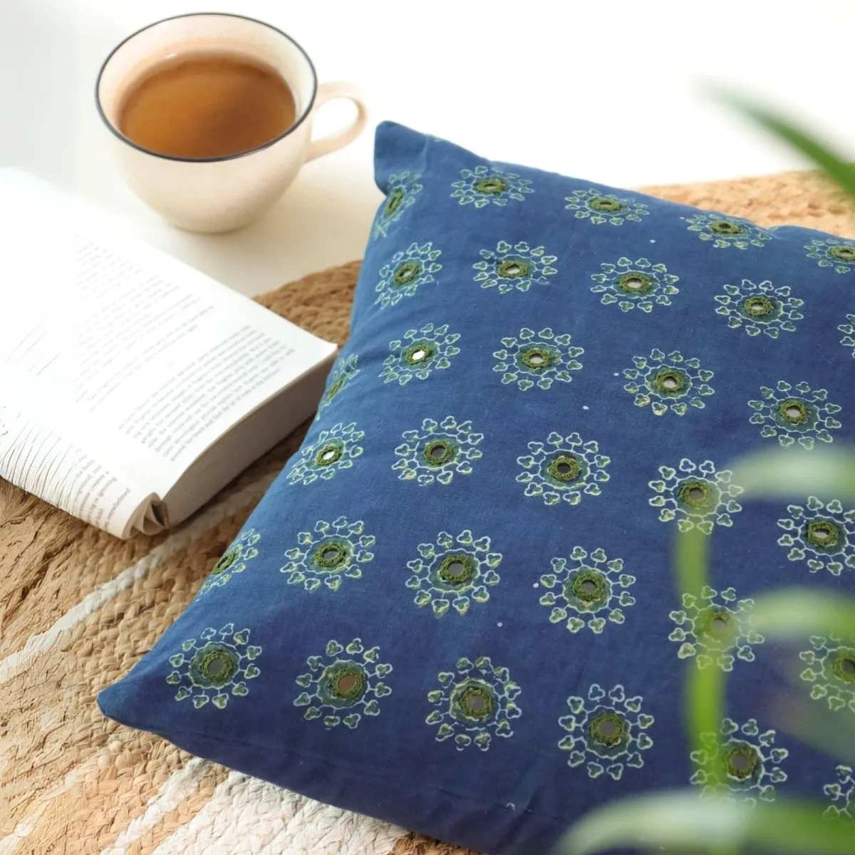 Cotton Cushion Covers Embroidered and Block Printed In Blue & Green Set Of 1/2/4 | 16 x 16 | Handmade In India