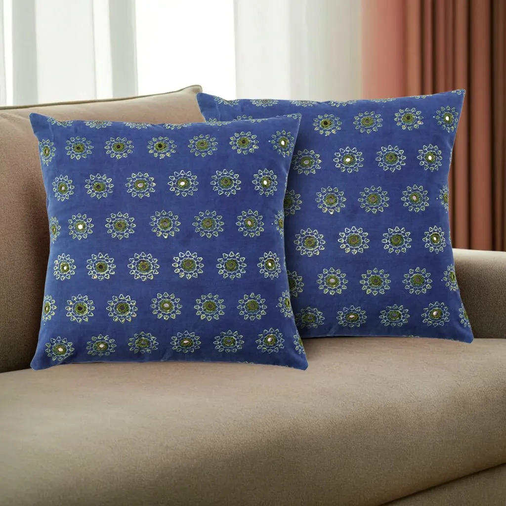 Cotton Cushion Covers Embroidered and Block Printed In Blue & Green Set Of 1/2/4 | 16 x 16 | Handmade In India