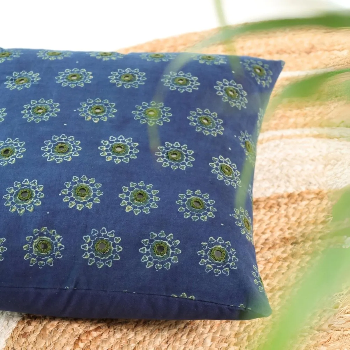 Cotton Cushion Covers Embroidered and Block Printed In Blue & Green Set Of 1/2/4 | 16 x 16 | Handmade In India