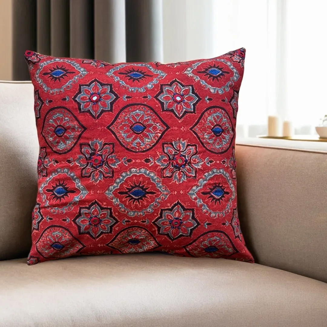 Cotton Cushion Covers Embroidered and Block Printed in Brick Red Set of 1/2/4 | 16 x 16 | Handmade in India