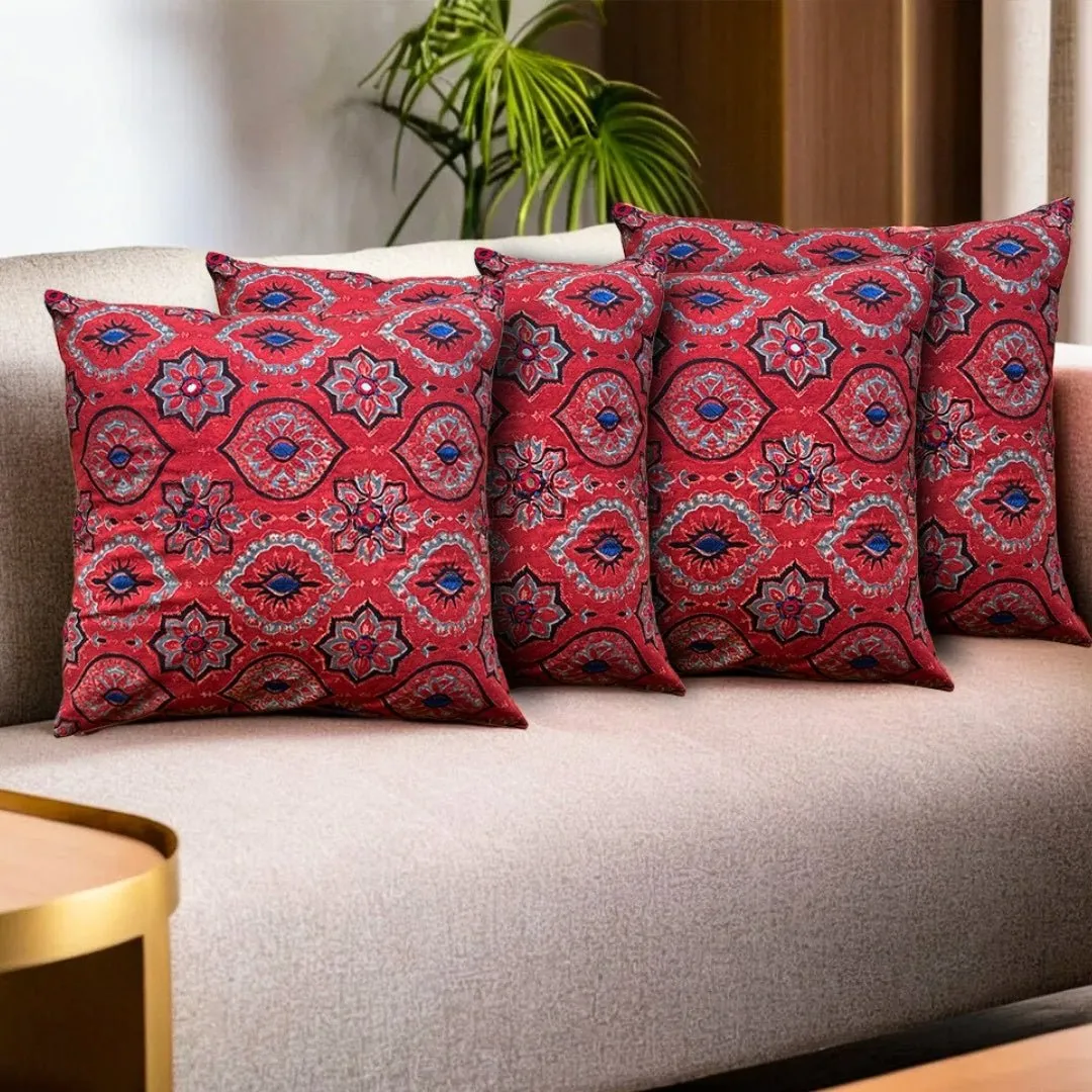 Cotton Cushion Covers Embroidered and Block Printed in Brick Red Set of 1/2/4 | 16 x 16 | Handmade in India