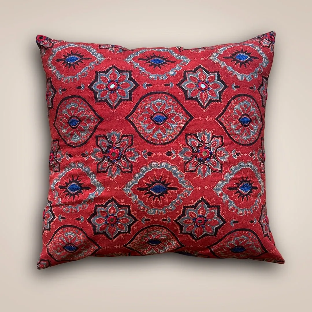 Cotton Cushion Covers Embroidered and Block Printed in Brick Red Set of 1/2/4 | 16 x 16 | Handmade in India