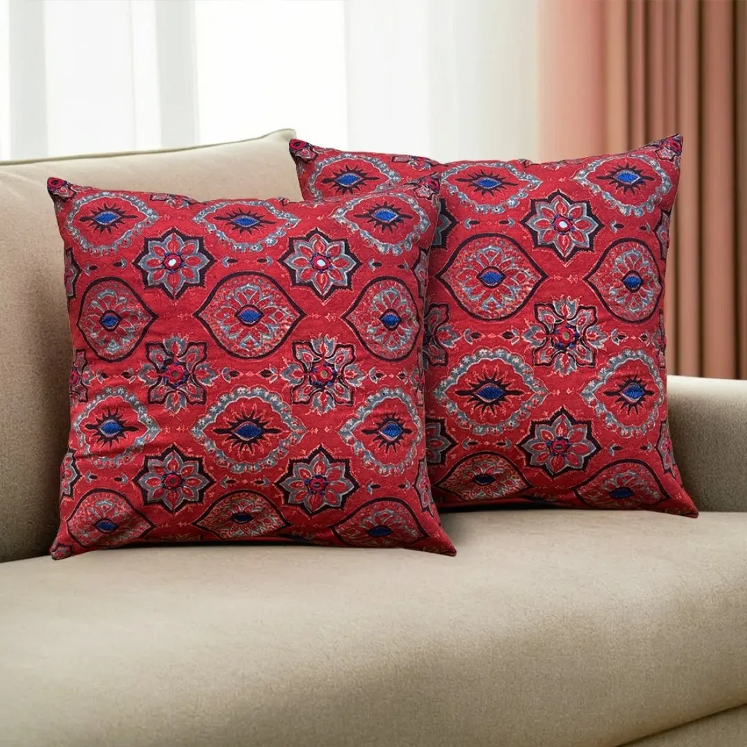 Cotton Cushion Covers Embroidered and Block Printed in Brick Red Set of 1/2/4 | 16 x 16 | Handmade in India