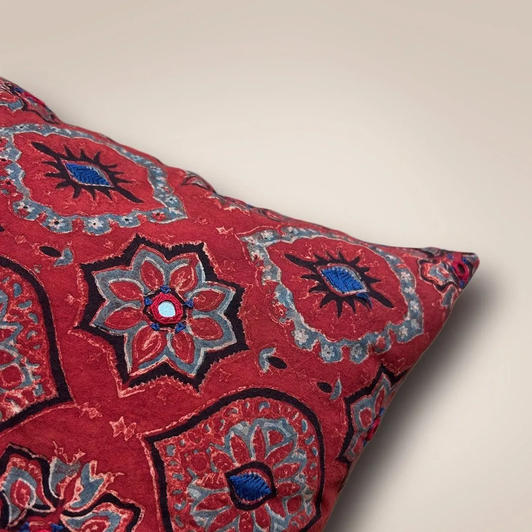 Cotton Cushion Covers Embroidered and Block Printed in Brick Red Set of 1/2/4 | 16 x 16 | Handmade in India