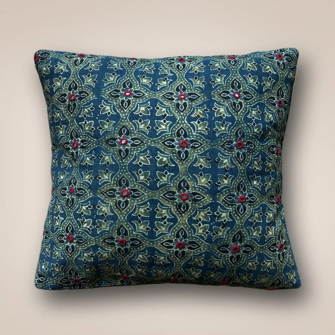 Cotton Cushion Covers Embroidered and Block Printed in Green and Indigo Set of 1/2/4 | 16 x 16 | Handmade in India