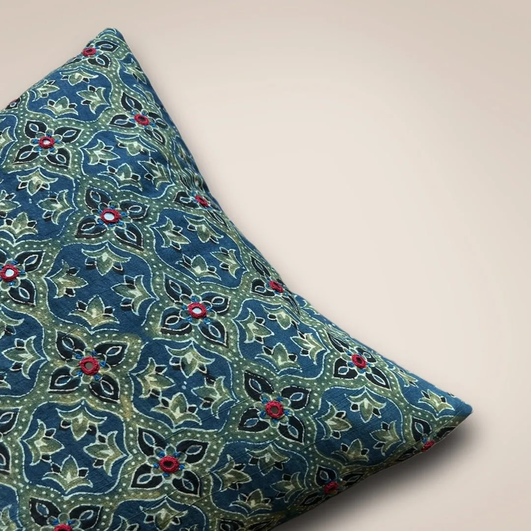 Cotton Cushion Covers Embroidered and Block Printed in Green and Indigo Set of 1/2/4 | 16 x 16 | Handmade in India