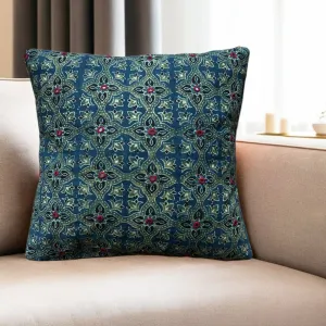 Cotton Cushion Covers Embroidered and Block Printed in Green and Indigo Set of 1/2/4 | 16 x 16 | Handmade in India