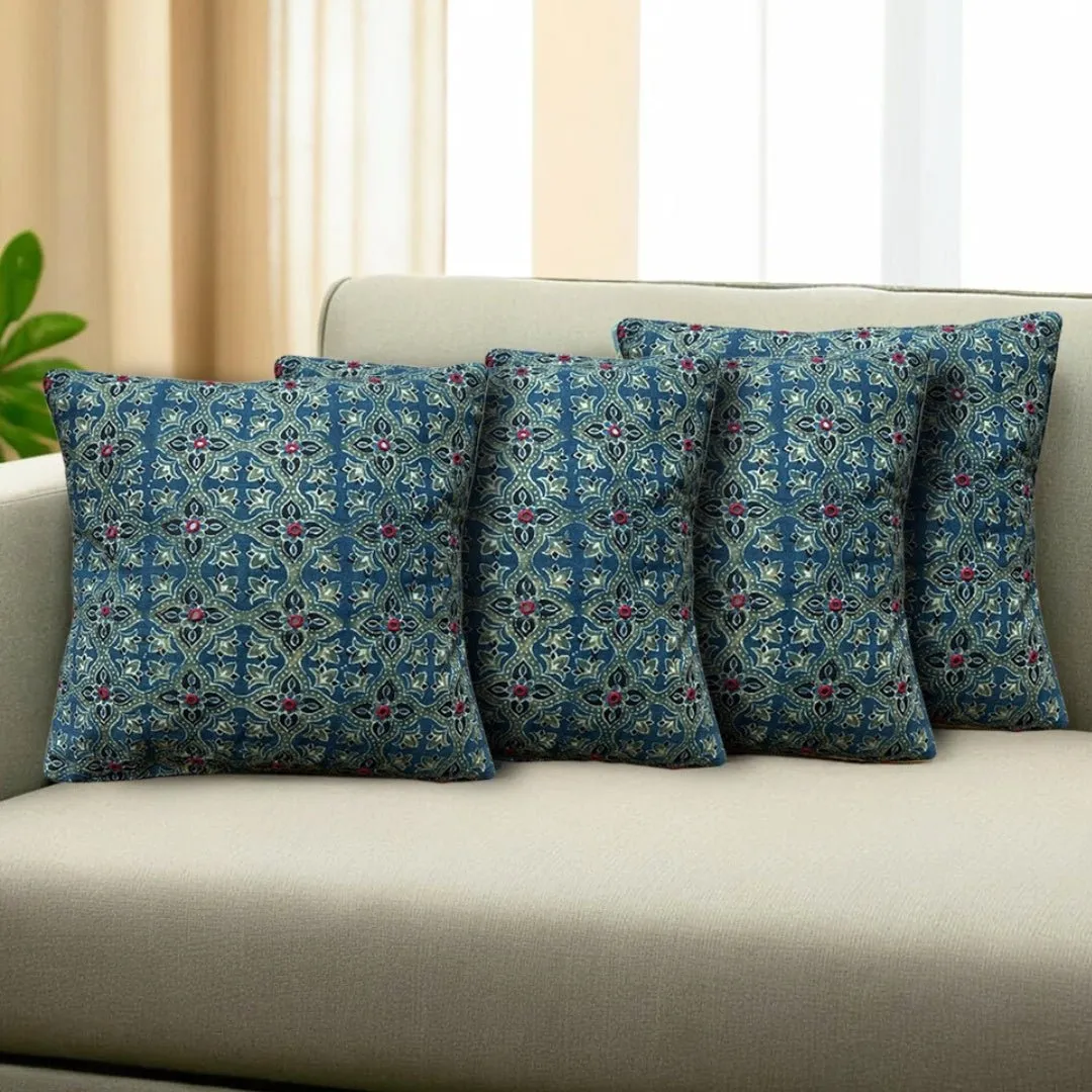 Cotton Embroidered Cushion Covers, Block Printed in Green and Indigo Set of 1/2/4 | 16 x 16 | Handmade in India