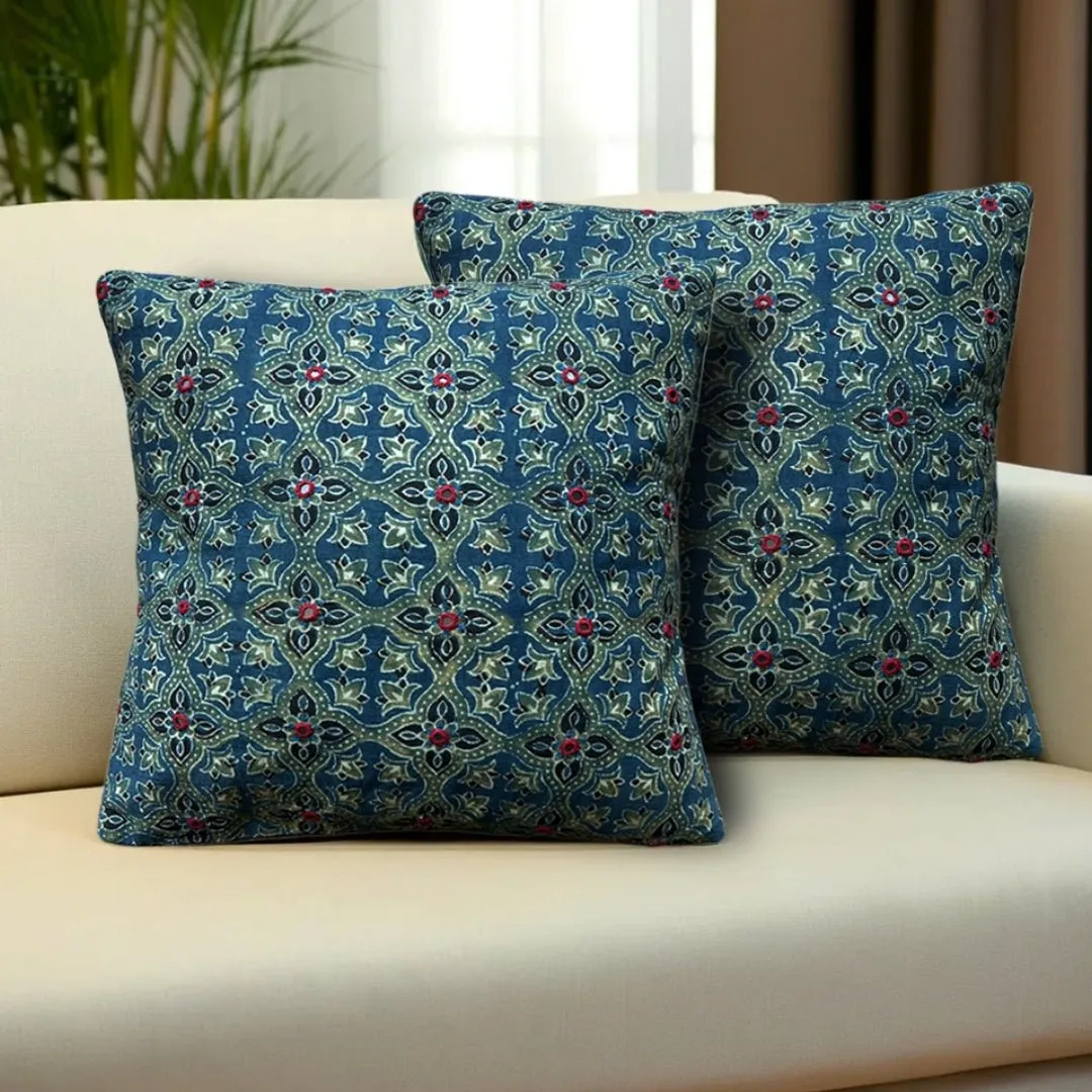 Cotton Embroidered Cushion Covers, Block Printed in Green and Indigo Set of 1/2/4 | 16 x 16 | Handmade in India