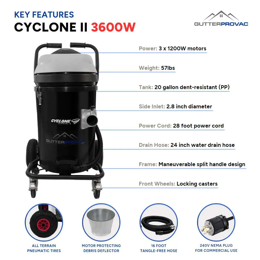 Cyclone II 3600W Polypropylene 20 Gallon Gutter Vacuum with 28 Foot Carbon Clamping Poles and Bag