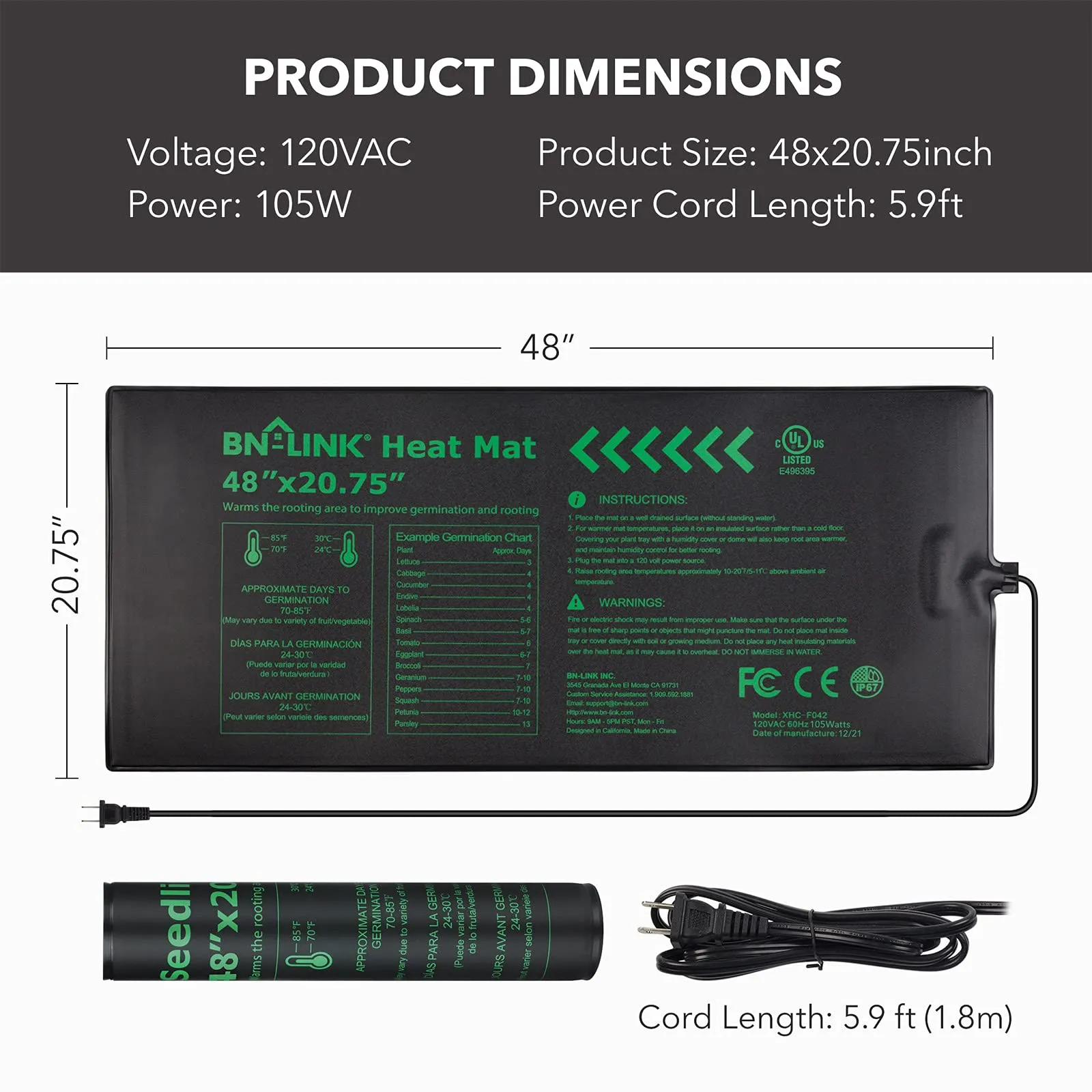 Durable Seedling Heat Mat Warm Hydroponic Heating Pad Waterproof 48" x 20.75" BN-LINK