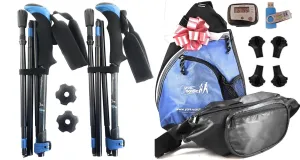 Folding Travel Walking Poles Gift Set - Collapsible Travel Poles, Training Videos, Water Bottle, Pedometer, Travel Bag, and Accessories