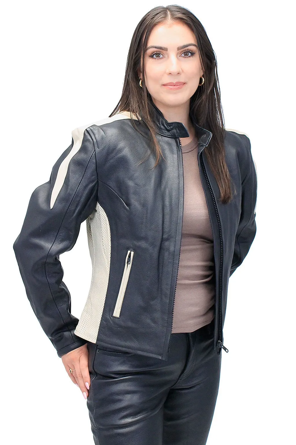 Genuine Leather Women's Cream Trim Vented Motorcycle Jacket #L16910ZC ()