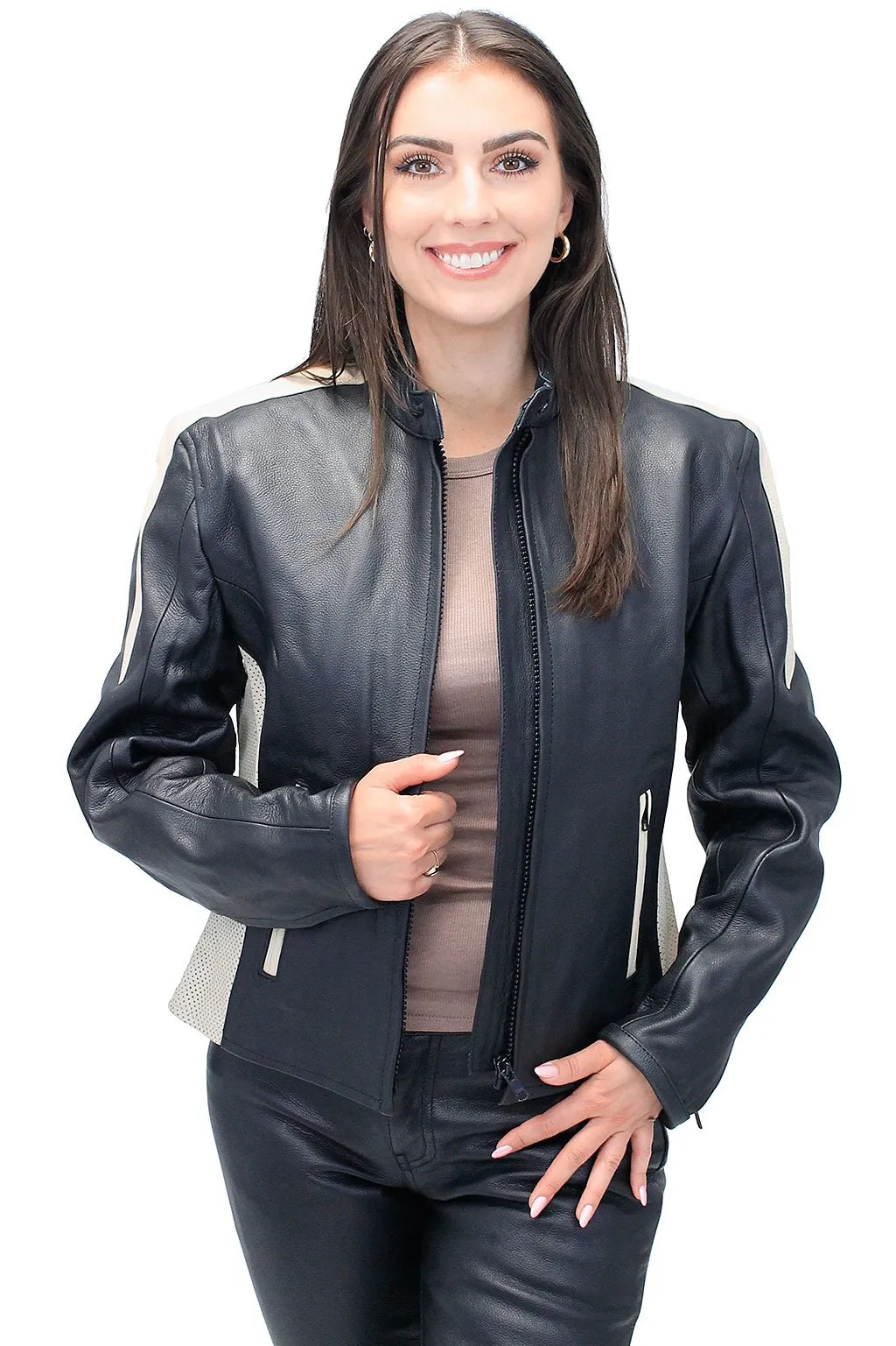 Genuine Leather Women's Cream Trim Vented Motorcycle Jacket #L16910ZC ()