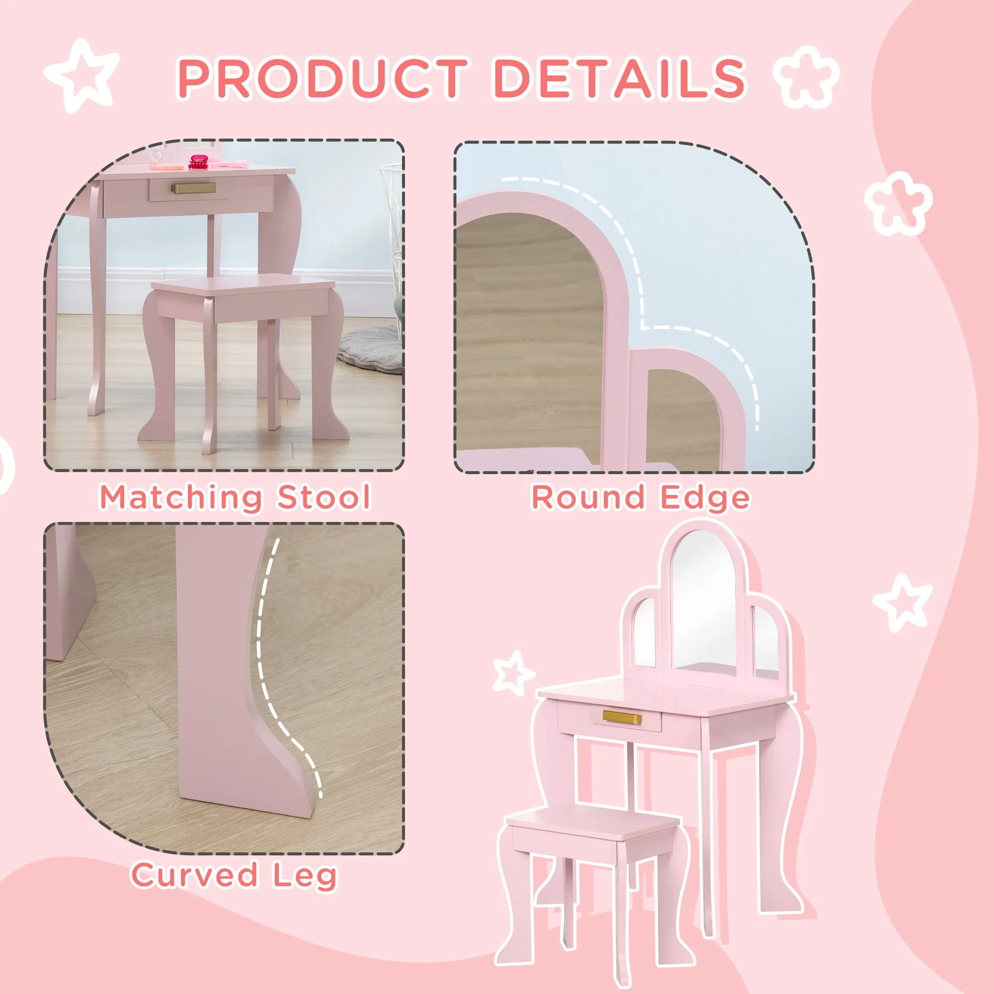 Kids Dressing Table with Mirror and Stool, Kids Vanity Set, Girl Makeup Desk with Drawer for 3-6 Years Old Children, Pink