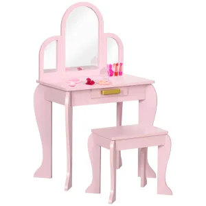 Kids Dressing Table with Mirror and Stool, Kids Vanity Set, Girl Makeup Desk with Drawer for 3-6 Years Old Children, Pink