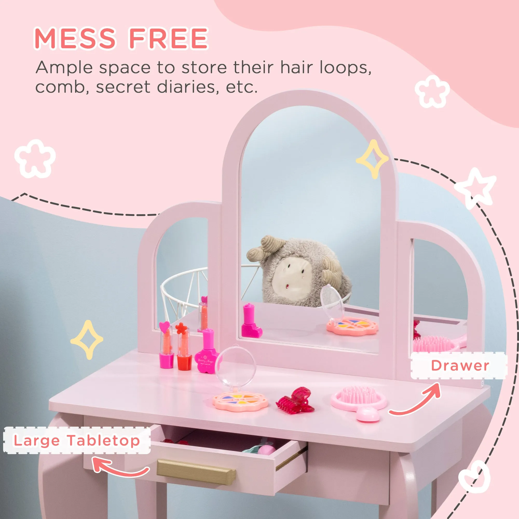 Kids Dressing Table with Mirror and Stool, Kids Vanity Set, Girl Makeup Desk with Drawer for 3-6 Years Old Children, Pink