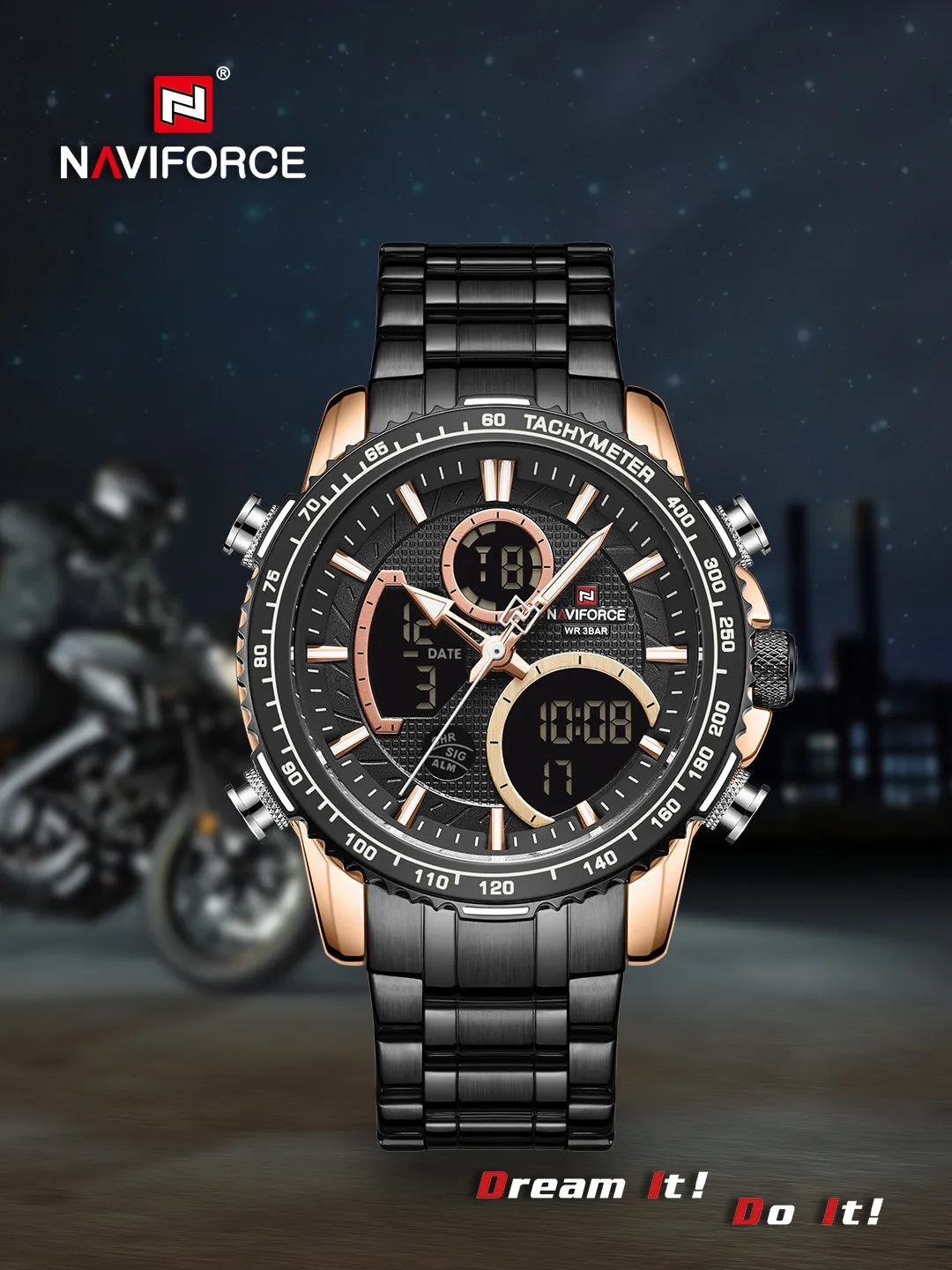 NAVIFORCE Men Digital Sports Watches Multifunction Chronograph Watch Quartz Waterproof Stainless Steel Wristwatch NF9182