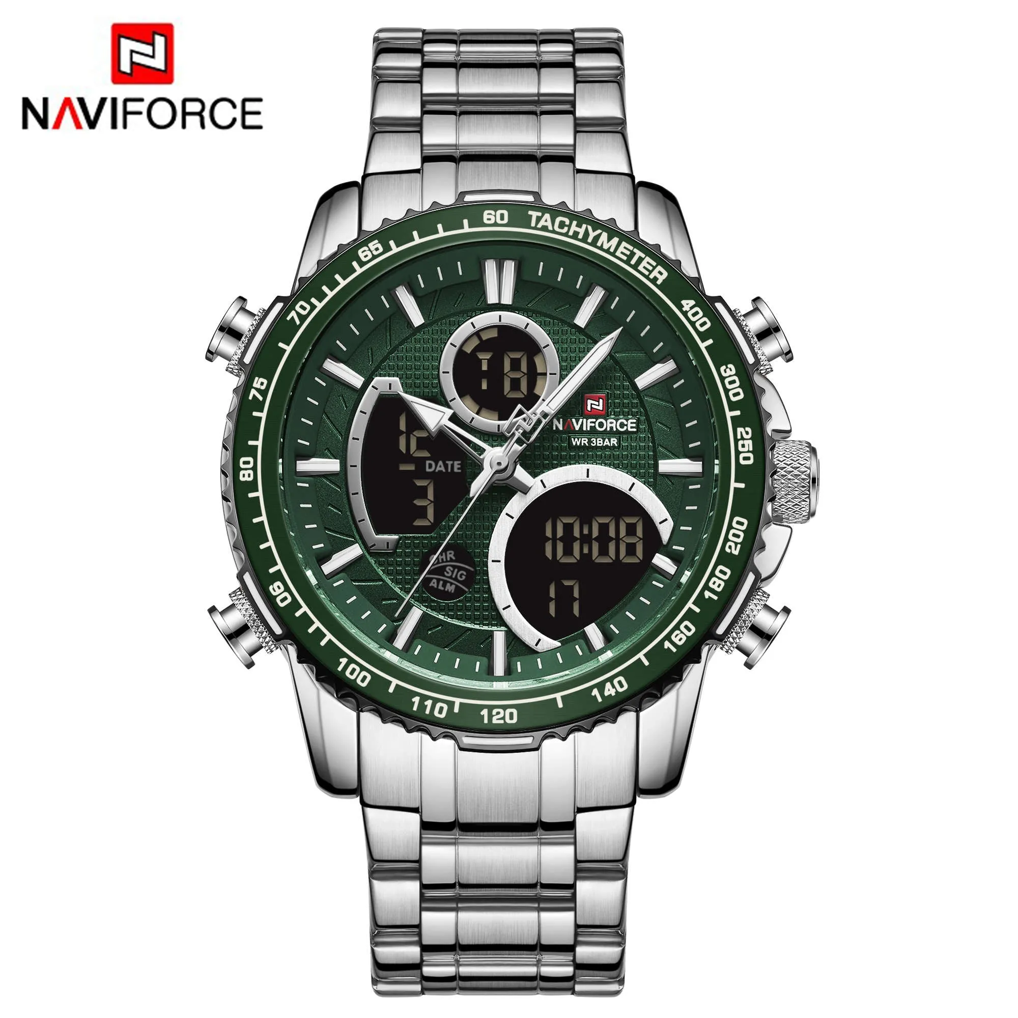 NAVIFORCE Men Digital Sports Watches Multifunction Chronograph Watch Quartz Waterproof Stainless Steel Wristwatch NF9182