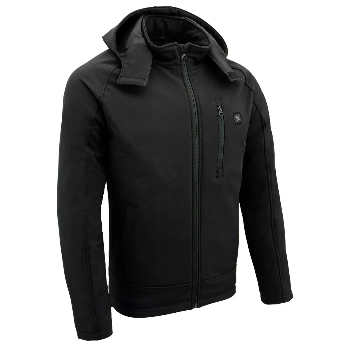 Nexgen Heat MPM1767SET Men's Black 'Heated' Soft Shell Hooded Zipper Front Jacket with Detachable Hood w/ Battery