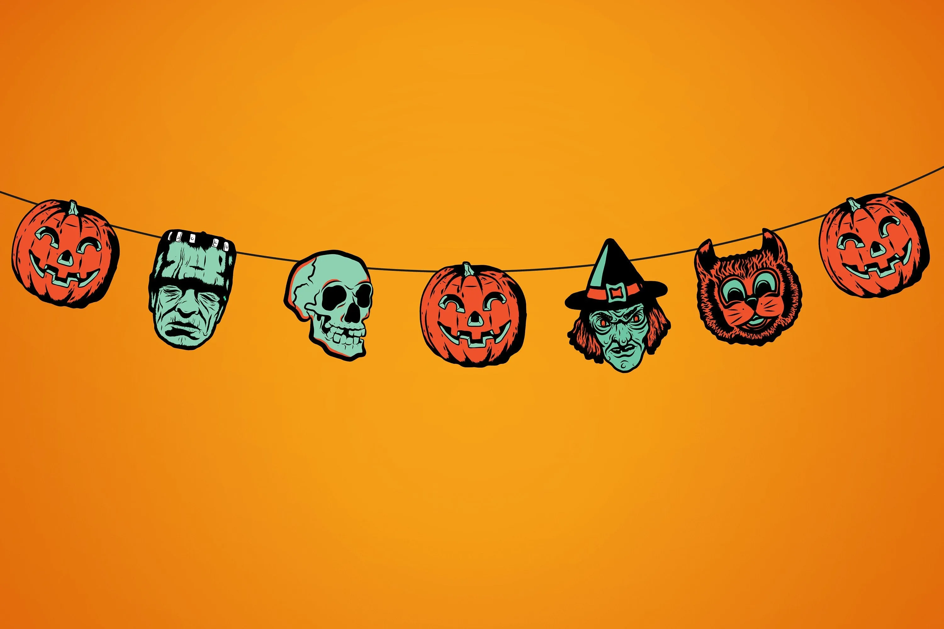 Retro Inspired Creepy Glow Style Halloween Character Cutout Banner