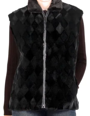 REVERSIBLE BLACK DIAMOND CUT SHEARED MINK FUR SECTIONS & LAMBSKIN LEATHER VEST