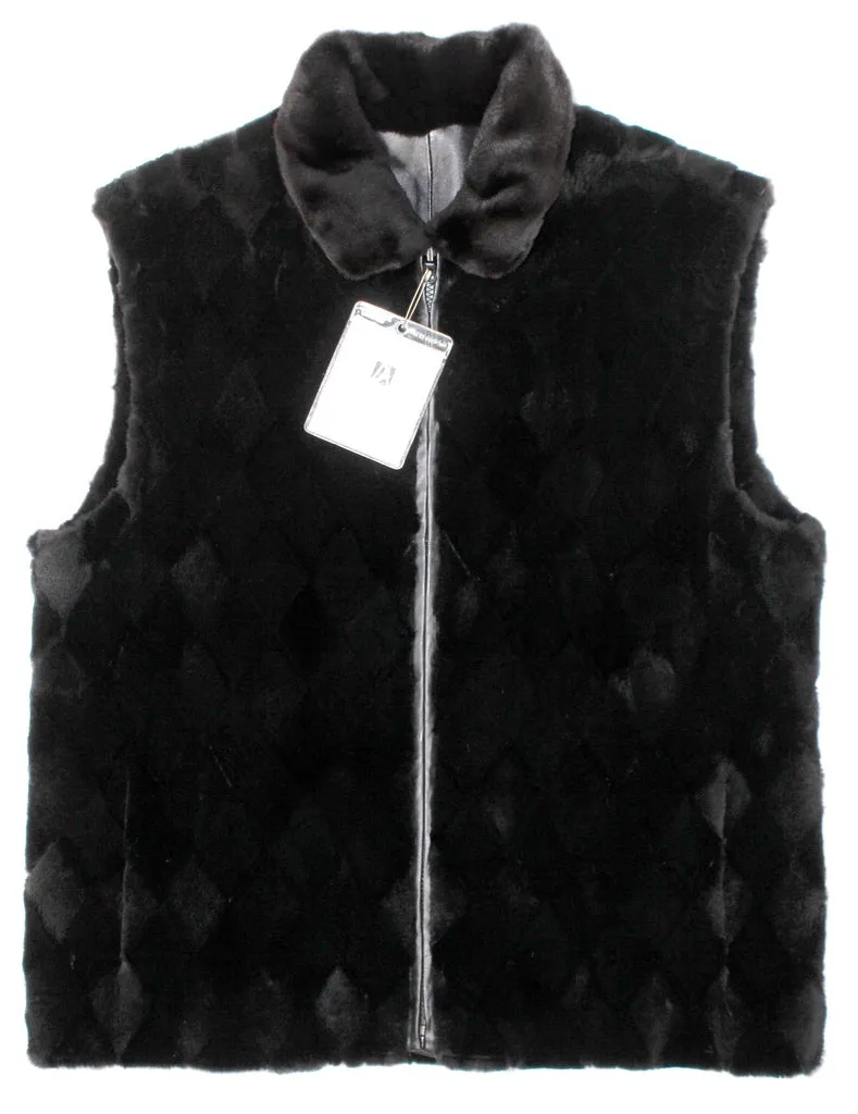 REVERSIBLE BLACK DIAMOND CUT SHEARED MINK FUR SECTIONS & LAMBSKIN LEATHER VEST