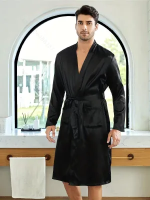 Stylish & Durable Men's Casual Winter Robe: V-Neck, Pockets, Belt - Solid Color, Warm Comfort