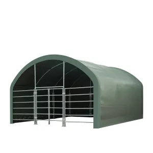 TMG Industrial 20’ x 20’ Livestock Corral Shelter, Powder Coated Structure, 12’ Dome Roof, 17 oz Military Green PVC Fabric Covering, 6-Bar Corral Panels, 5’ Front Swing Gate, TMG-ST2020L