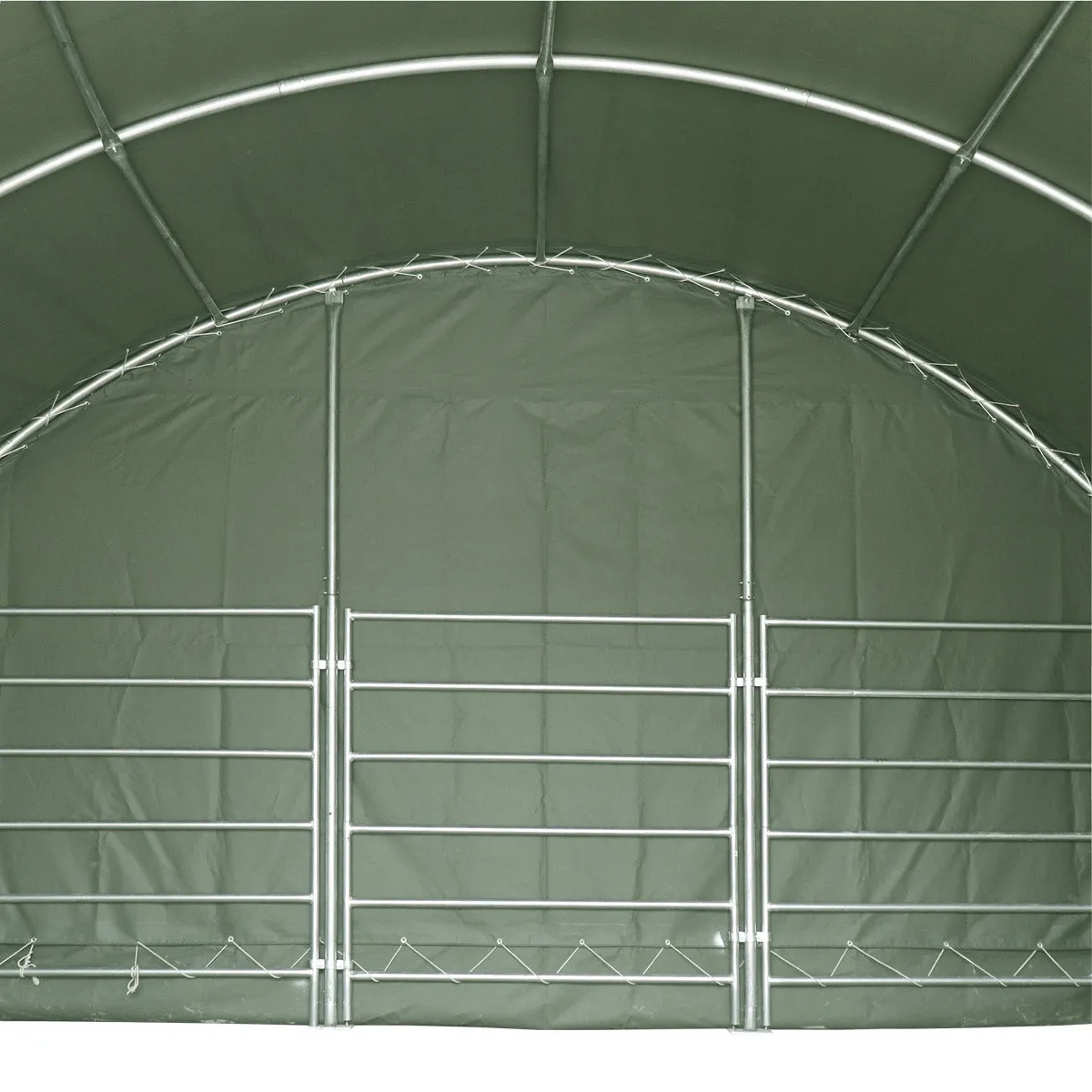 TMG Industrial 20’ x 20’ Livestock Corral Shelter, Powder Coated Structure, 12’ Dome Roof, 17 oz Military Green PVC Fabric Covering, 6-Bar Corral Panels, 5’ Front Swing Gate, TMG-ST2020L