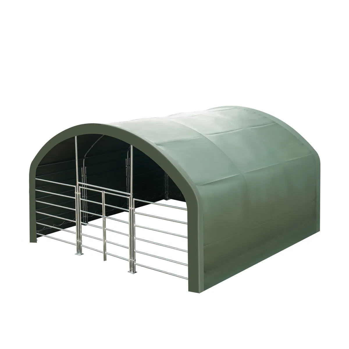 TMG Industrial 20’ x 20’ Livestock Corral Shelter, Powder Coated Structure, 12’ Dome Roof, 17 oz Military Green PVC Fabric Covering, 6-Bar Corral Panels, 5’ Front Swing Gate, TMG-ST2020L