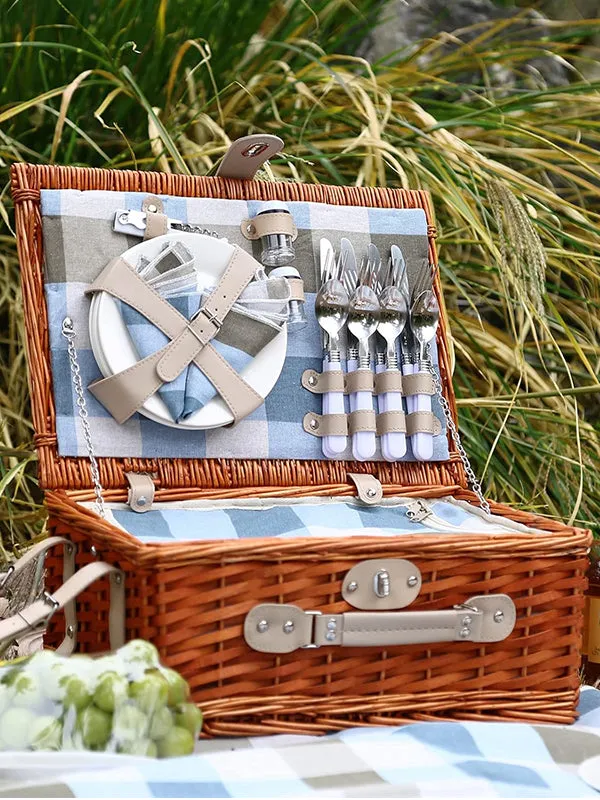 Wicker Picnic Basket with Cooler Bag for 4 People - Blue Design