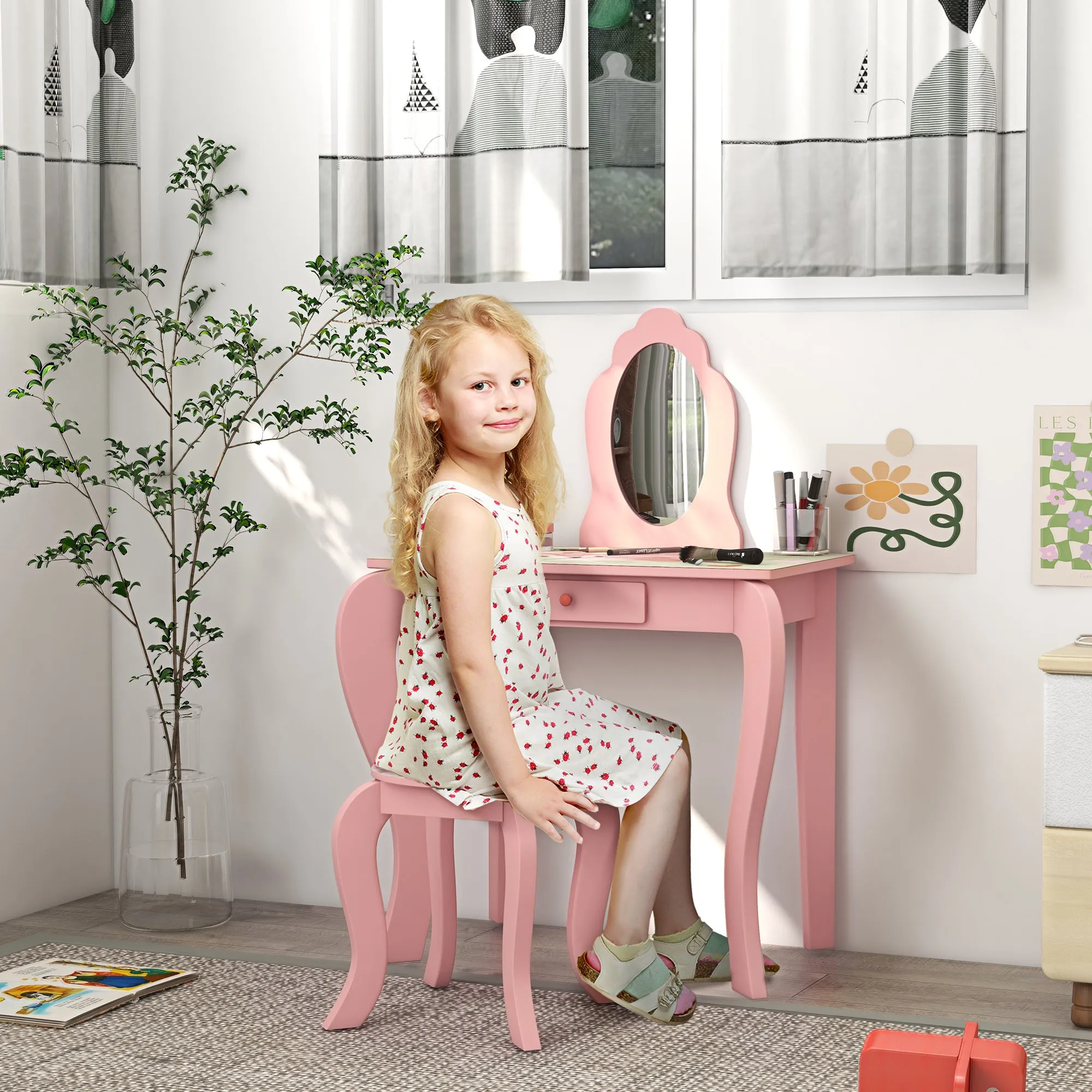 ZONEKIZ Kids Dressing Table with Mirror and Stool, Girls Vanity Table Makeup Desk with Drawer, Cute Animal Design, for 3-6 Years - Pink