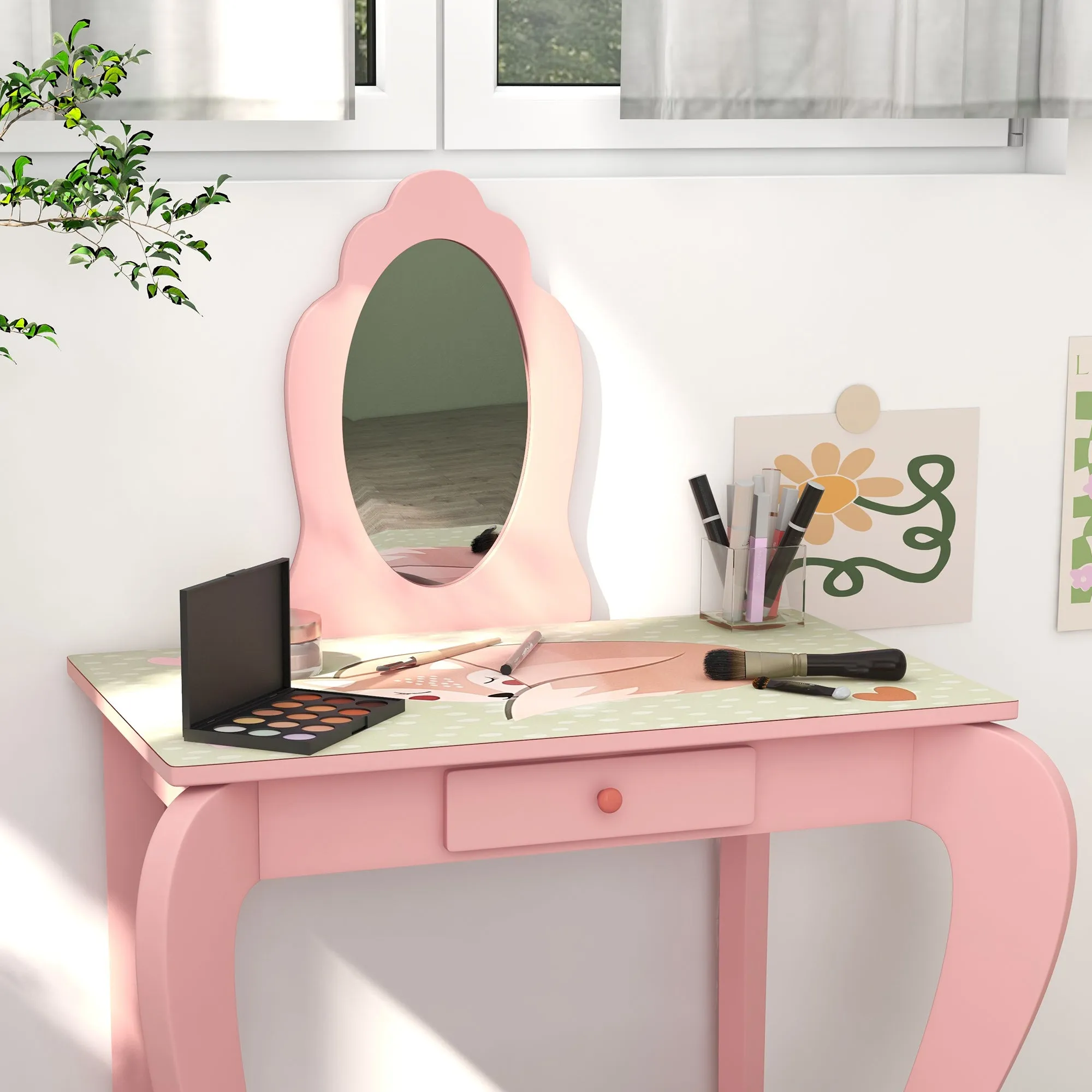 ZONEKIZ Kids Dressing Table with Mirror and Stool, Girls Vanity Table Makeup Desk with Drawer, Cute Animal Design, for 3-6 Years - Pink